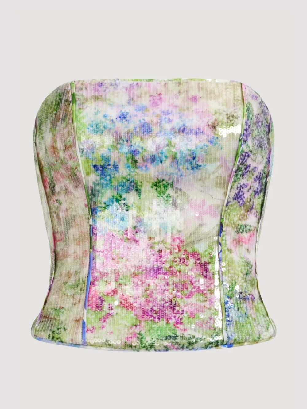 Aje Floral Sequin Strapless Corset Top in Pastel Pink Green Blue